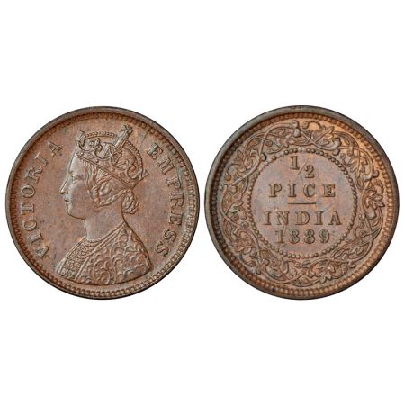 Victoria Empress, copper ½ pice, 1889, Calcutta mint, no mint mark, PR 721, GK 869, 3.18g.