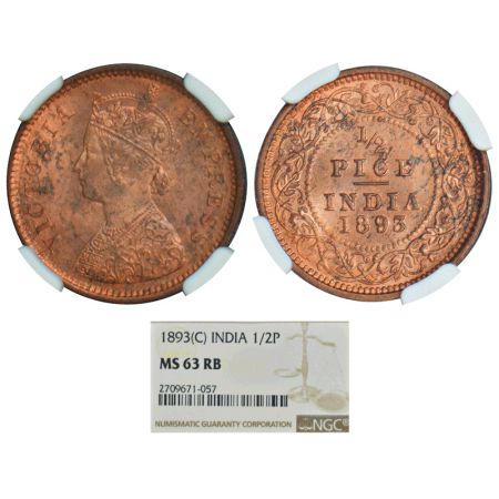 Victoria Empress, copper ½ pice, 1893, Calcutta mint, A/I/no mint mark, PR 726, GK 873. Gr