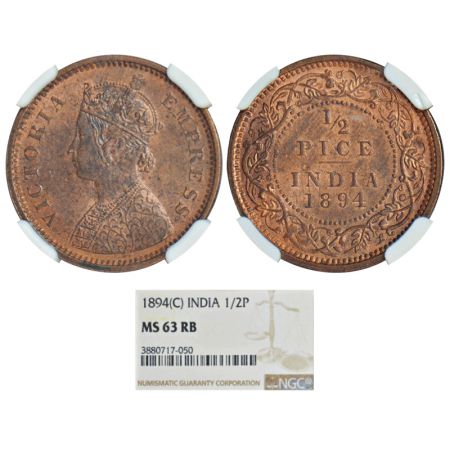 Victoria Empress, copper ½ pice, 1894, Calcutta mint, A/I/no mint mark, PR 727, GK 874. Gr
