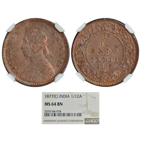 Victoria Empress, copper 1/12 anna, 1877, Calcutta mint, no mint mark, PR 786, GK 890. Gra