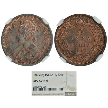 Victoria Empress, copper 1/12 anna, 1877, Bombay mint, no mint mark, PR 809, GK 889. Grade