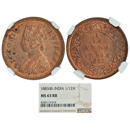 Victoria Empress, copper 1/12 anna, 1883, Bombay mint, no mint mark, PR 811, GK 895. Grade