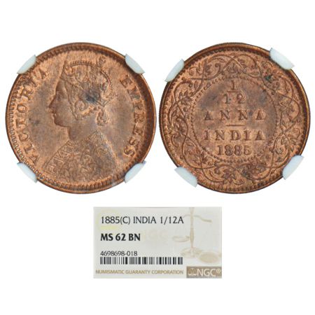 Victoria Empress, copper 1/12 anna, 1885, Calcutta mint, PR 790, GK 899-900. Graded as MS6