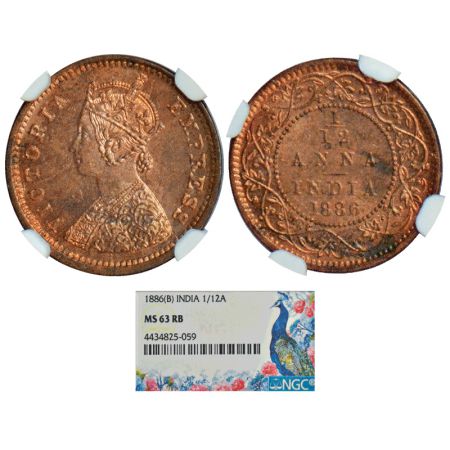 Victoria Empress, copper 1/12 anna, 1886, Bombay mint, no mint mark, PR 813, GK 901. Grade