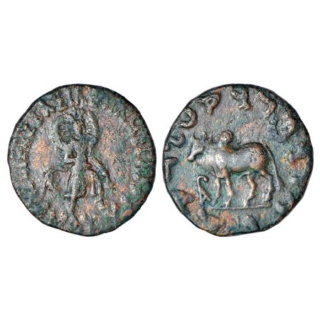 Indo-Scythians- copper unit of Maues(c.125-85 BC), ISCH 13.2, 9.29g. Obv: Radiate Artemis 