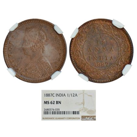 Victoria Empress, copper 1/12 anna, 1887, Calcutta mint, 'C' incused, PR 792, GK 905. Grad