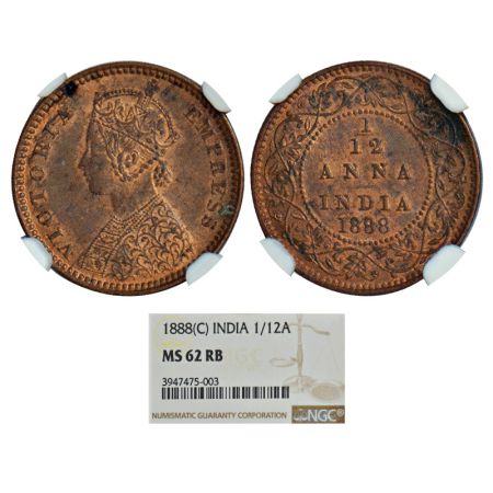 Victoria Empress, copper 1/12 anna, 1888, Calcutta mint, no mint mark, PR 793, GK 908. Gra