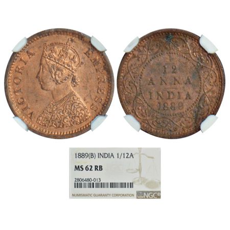Victoria Empress, copper 1/12 anna, 1889, Bombay mint, no mint mark, PR 816, GK 909. Grade