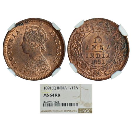 Victoria Empress, copper 1/12 anna, 1891, Calcutta mint, no mint mark, PR 796, GK 912. Gra