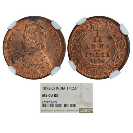 Victoria Empress, copper 1/12 anna, 1892, Calcutta mint, no mint mark, PR 797, GK 913. Gra