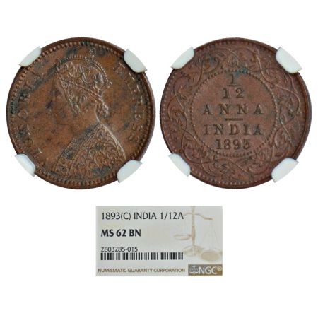 Victoria Empress, copper 1/12 anna, 1893, Calcutta mint, no mint mark, PR 798, GK 914. Gra