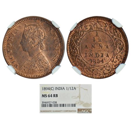 Victoria Empress, copper 1/12 anna, 1894, Calcutta mint, no mint mark, PR 799, GK 915. Gra