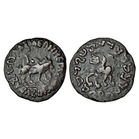 Indo-Scythians, copper coin of Azes (48-25 BC), Senior ISCH 102.211, 13.92g. Obv: Bull wal