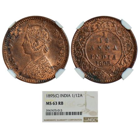 Victoria Empress, copper 1/12 anna, 1895, Calcutta mint, no mint mark, PR 800, GK 916. Gra