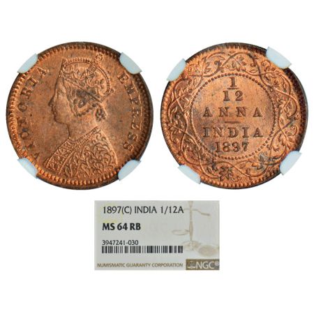 Victoria Empress, copper 1/12 anna, 1897, Calcutta mint, no mint mark, PR 802, GK 918. Gra
