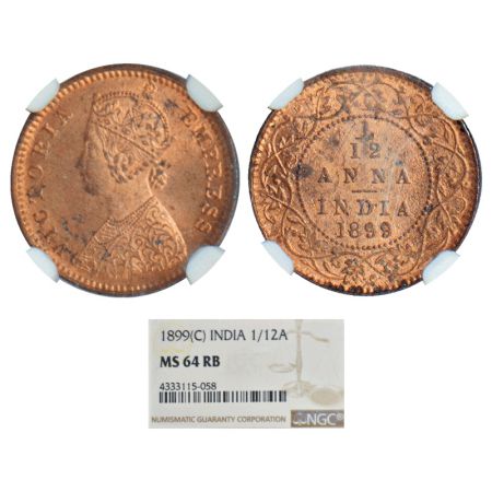 Victoria Empress, copper 1/12 anna, 1899, Calcutta mint, no mint mark, PR 804, GK 920. Gra