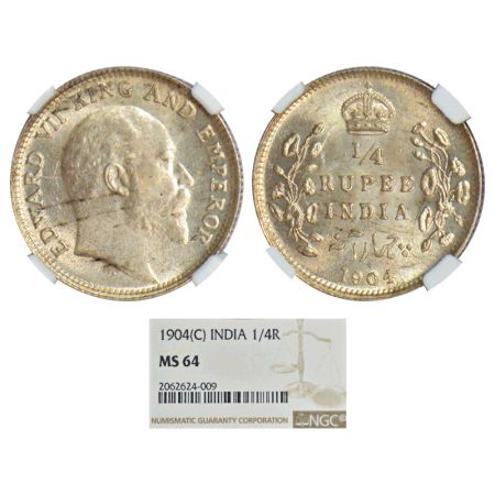 Edward VII, silver ¼ rupee, 1904, Calcutta mint, no mint mark, PR 433, GK 973. Graded as M