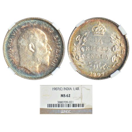 Edward VII, silver ¼ rupee, 1907, Calcutta mint, no mint mark, PR 436, GK 976. Graded as M