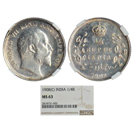 Edward VII, silver ¼ rupee, 1908, Calcutta mint, no mint mark, PR 437, GK 977. Graded as M
