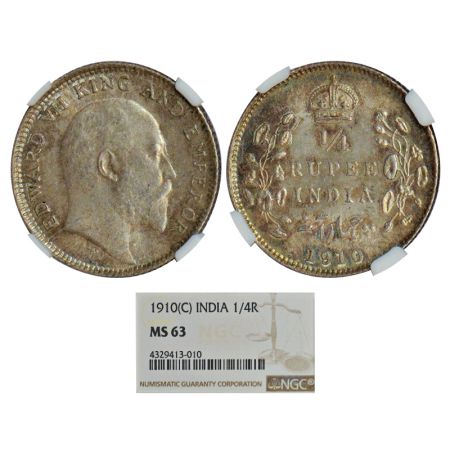 Edward VII, silver ¼ rupee, 1910, Calcutta mint, no mint mark, PR 439, GK 978. Graded as M