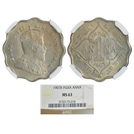 Edward VII, cupro-nickel 1 anna, 1907, Bombay mint, B incused, PR 926, GK 990. Graded as M