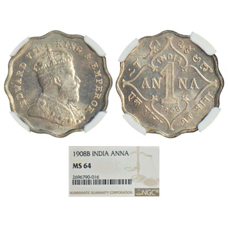 Edward VII, cupro-nickel 1 anna, 1908, Bombay mint, B incused, PR 927, GK 991. Graded as M