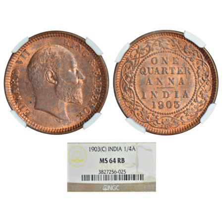 Edward VII, copper ¼ anna, 1903, Calcutta mint, no mint mark, PR 646, GK 994. Graded as MS