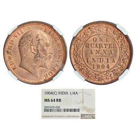 Edward VII, copper ¼ anna, 1904, Calcutta mint, no mint mark, PR 647, GK 995. Graded as MS