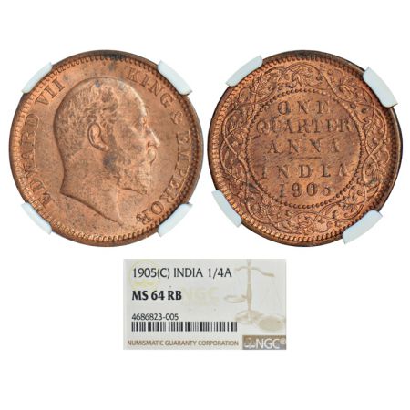 Edward VII, copper ¼ anna, 1905, Calcutta mint, no mint mark, PR 649, GK 996. Graded as MS