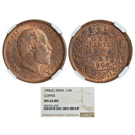 Edward VII, copper ¼ anna, 1906, Calcutta mint, no mint mark, PR 650, GK 997. Graded as MS