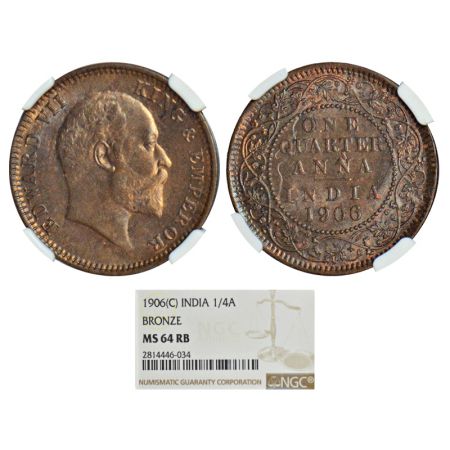 Edward VII, bronze ¼ anna, 1906, Calcutta mint, no mint mark, PR 651, GK 998. Graded as MS