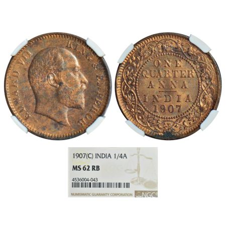 Edward VII, copper ¼ anna, 1907, Calcutta mint, no mint mark, PR 652, GK 999. Graded as MS