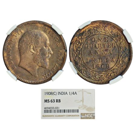 Edward VII, copper ¼ anna, 1908, Calcutta mint, no mint mark, PR 653, GK 1000. Graded as M