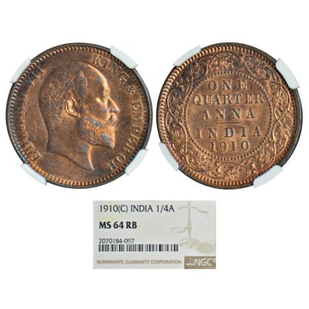 Edward VII, copper ¼ anna, 1910, Calcutta mint, no mint mark, PR 655, GK 1002. Graded as M