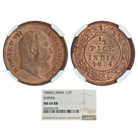 Edward VII, copper ½ pice, 1904, Calcutta mint, no mint mark, PR 736, GK 1004. Graded as M
