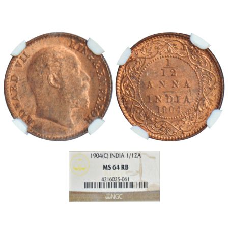 Edward VII, copper 1/12 anna, 1904, Calcutta mint, no mint mark, PR 819, GK 1013. Graded a