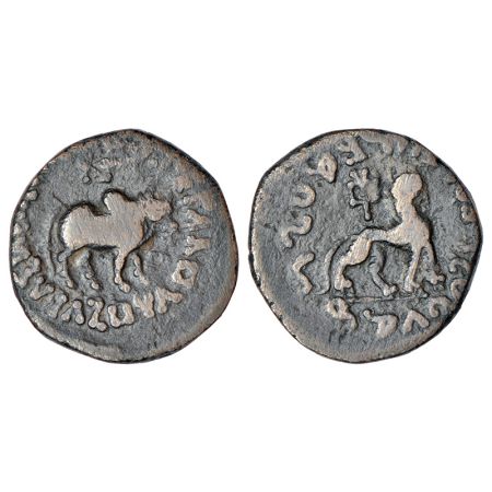 Indo-Scythians, copper coin of Azes (c.45-20 BC), ISCH 102.133ab, 13.31g. Obv: Bull standi