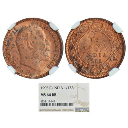 Edward VII, copper 1/12 anna, 1905, Calcutta mint, no mint mark, PR 820, GK 1014. Graded a