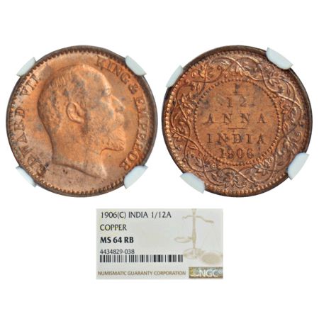 Edward VII, copper 1/12 anna, 1906, Calcutta mint, no mint mark, PR 821, GK 1015. Graded a