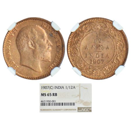 Edward VII, copper 1/12 anna, 1907, Calcutta mint, no mint mark, PR 823, GK 1017. Graded a