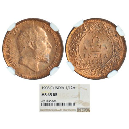 Edward VII, copper 1/12 anna, 1908, Calcutta mint, no mint mark, PR 824, GK 1018. Graded a