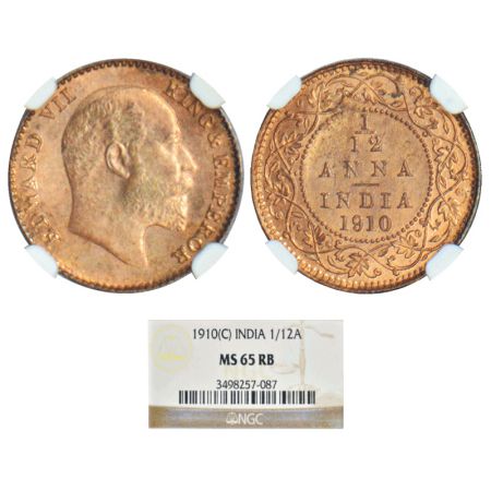 Edward VII, copper 1/12 anna, 1910, Calcutta mint, no mint mark, PR 826, GK 1020. Graded a