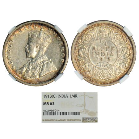 George V, silver ¼ rupee, 1913, Calcutta mint, no dot, PR 442, GK 1083. Graded as MS63 by 