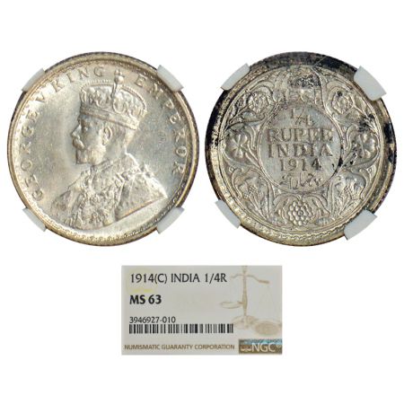 George V, silver ¼ rupee, 1914, Calcutta mint, no dot, PR 443, GK 1085. Graded as MS63 by 
