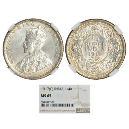 George V, silver ¼ rupee, 1917, Calcutta mint, no dot, PR 446, GK 1090. Graded as MS65 by 