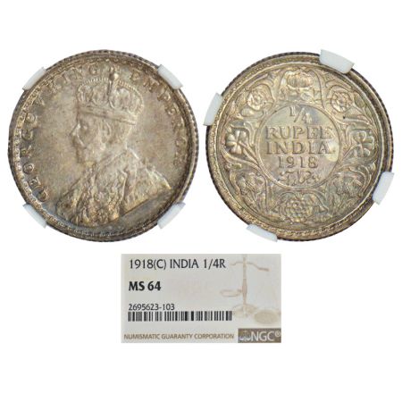 George V, silver ¼ rupee, 1918, Calcutta mint, no dot, PR 447, GK 1091. Graded as MS64 by 