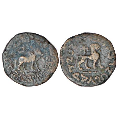 Indo-Scythians, copper ½ unit of Azes (c.45-20 BC), ISCH 102.183, 6.03g. Obv: Bull walking