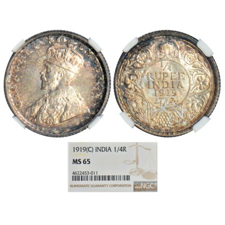 George V, silver ¼ rupee, 1919, Calcutta mint, no dot, PR 448, GK 1092. Graded as MS65 by 