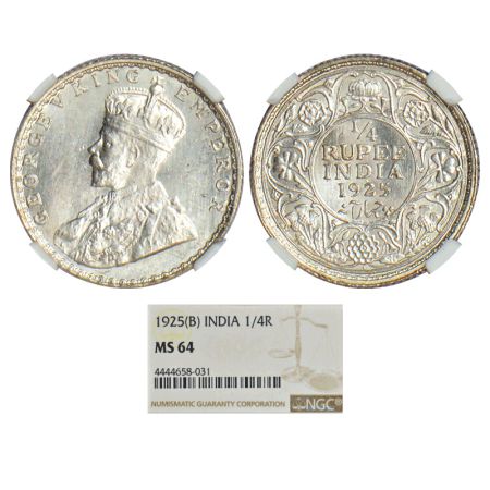 George V, silver ¼ rupee, 1925, Bombay mint, dot, PR 458, GK 1093. Graded as MS64 by NGC,V