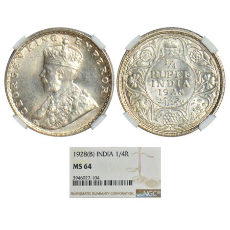 George V, silver ¼ rupee, 1928, Bombay mint, dot, PR 459, GK 1093. Graded as MS64 by NGC,V